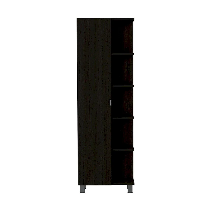 Armoire à linge avec miroir, quatre étagères intérieures, cinq étagères extérieures, noire