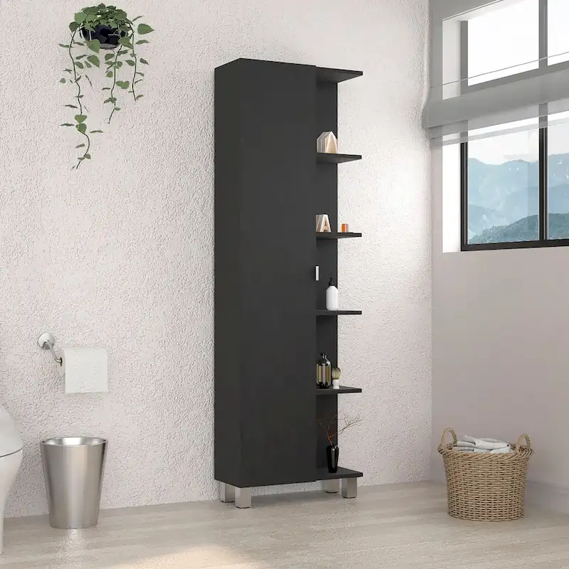 Armoire à linge avec miroir, quatre étagères intérieures, cinq étagères extérieures, noire
