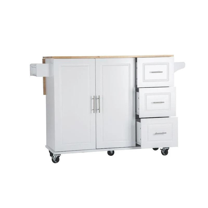 Chariot d'îlot de cuisine avec plateau extensible en bois d'hévéa et roues verrouillables