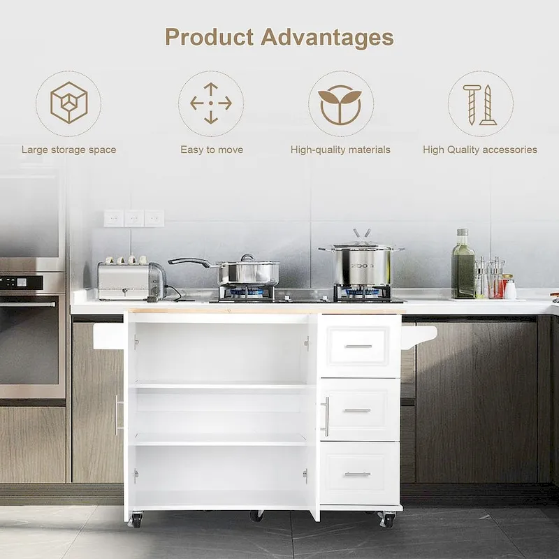 Chariot d'îlot de cuisine avec plateau extensible en bois d'hévéa et roues verrouillables