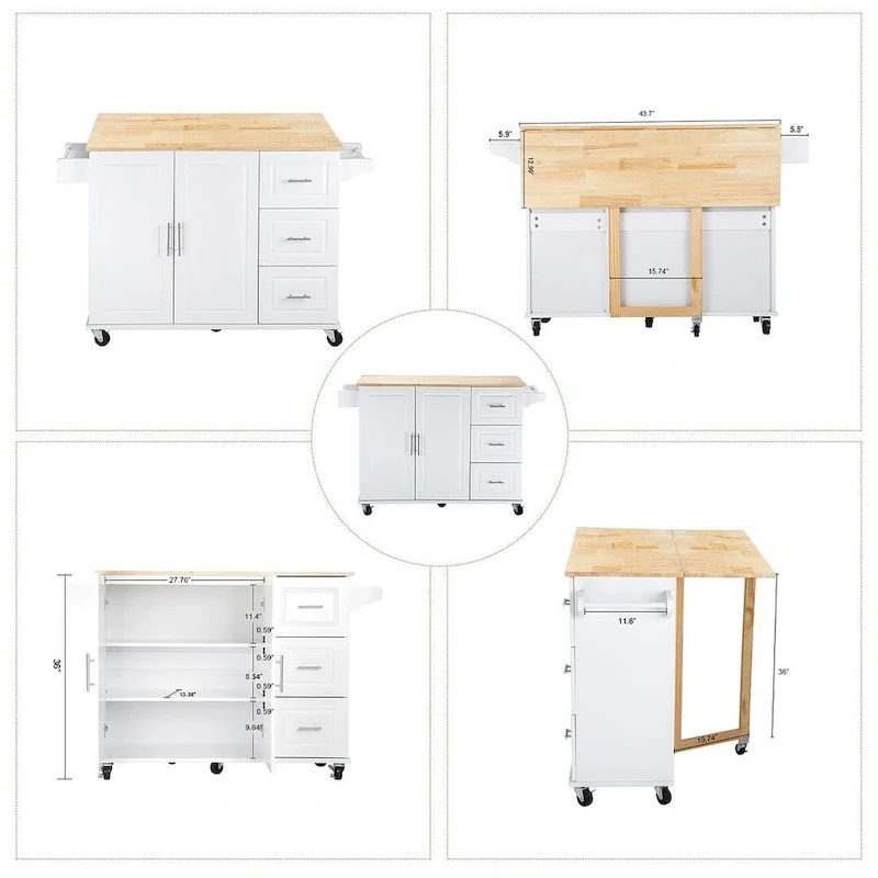 Chariot d'îlot de cuisine avec plateau extensible en bois d'hévéa et roues verrouillables