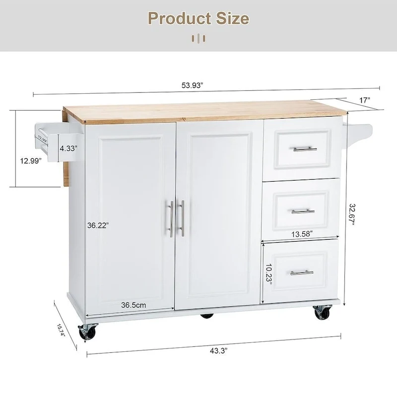 Chariot d'îlot de cuisine avec plateau extensible en bois d'hévéa et roues verrouillables