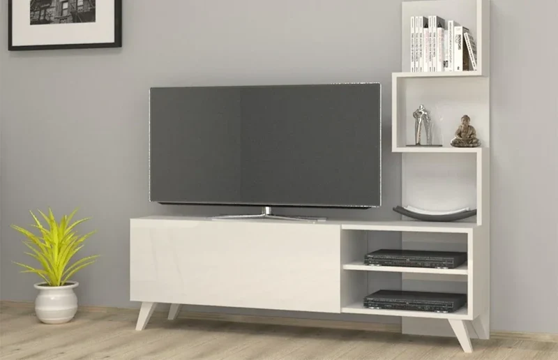 TROFMOC 140cm - Meuble TV avec rangement - Blanc.