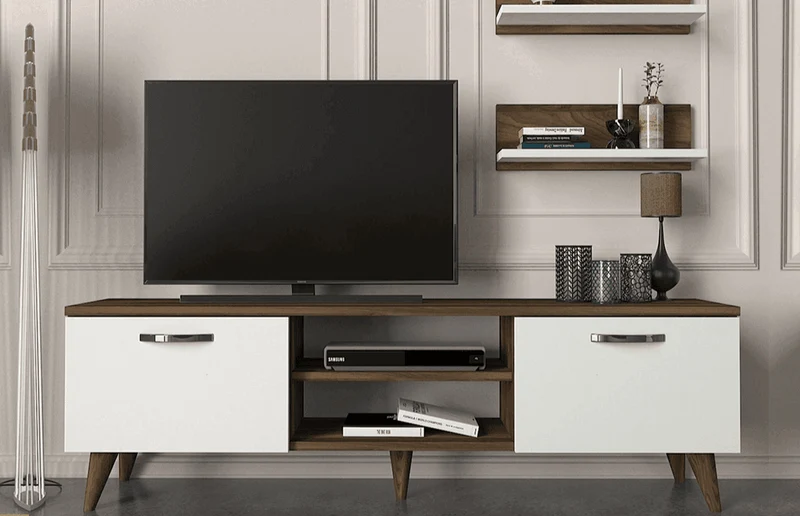 Meuble TV AYDEN 180cm - Noyer et Blanc