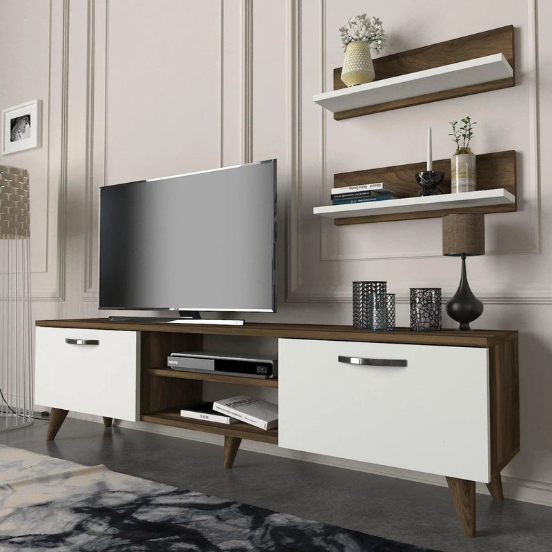 Meuble TV AYDEN 180cm - Noyer et Blanc