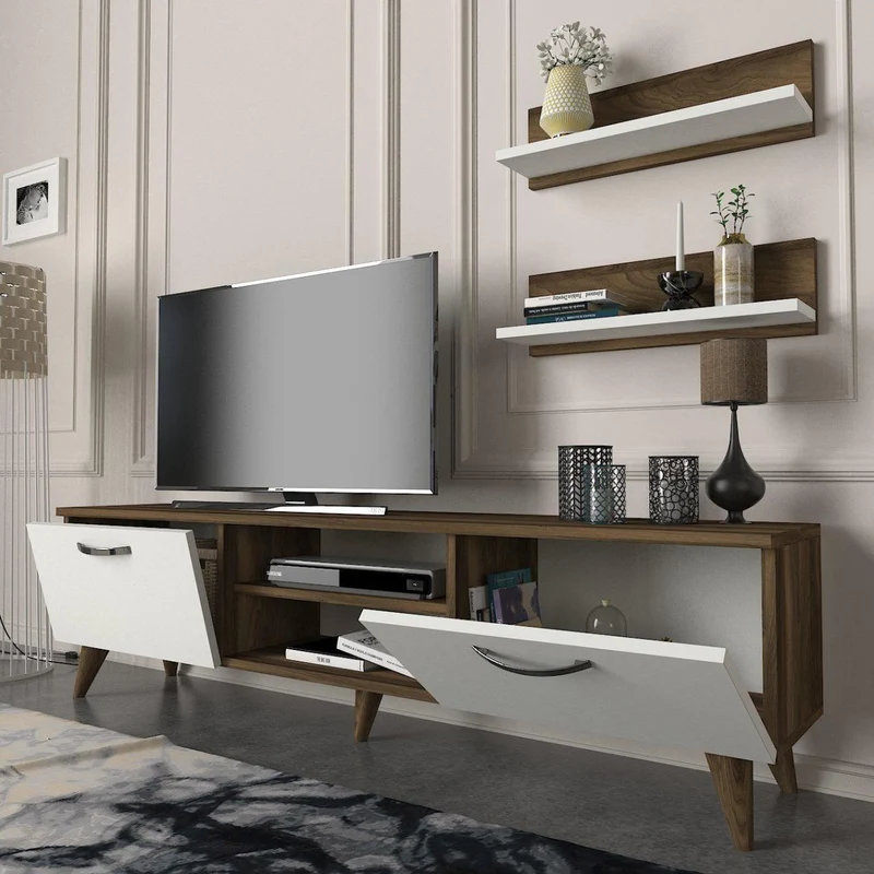 Meuble TV AYDEN 180cm - Noyer et Blanc