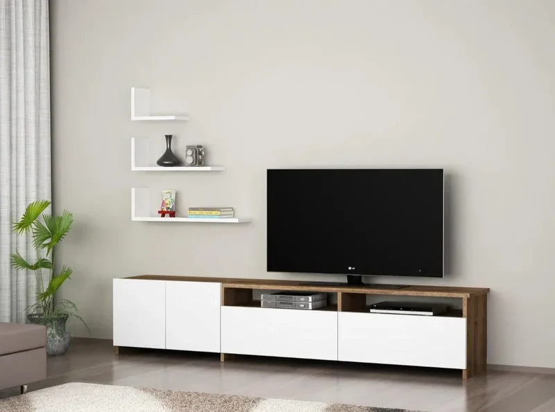 Meuble TV NORDIC 180cm - Noyer et blanc