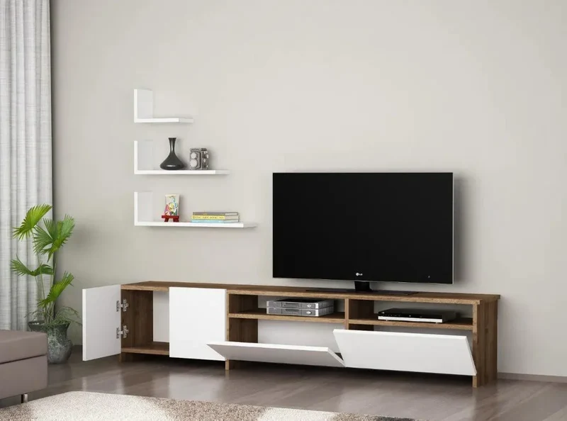 Meuble TV NORDIC 180cm - Noyer et blanc