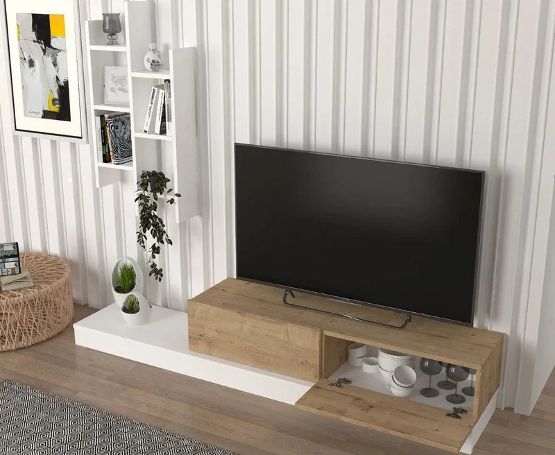 Meuble TV SAGE 180cm - chêne et blanc