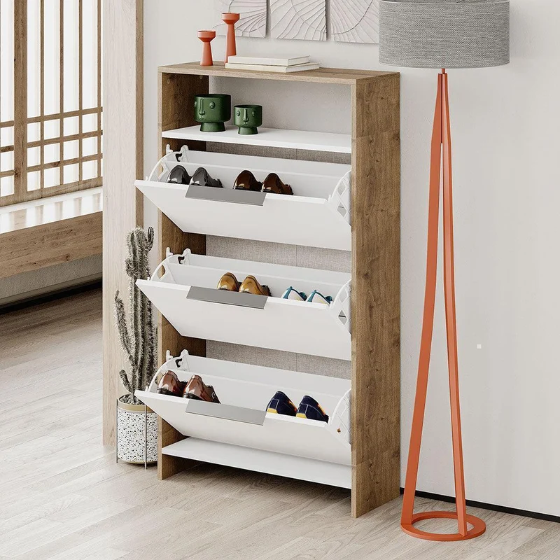 Meuble chaussures de 3 niveaux ABIR 140cm - Noyer et Blanc