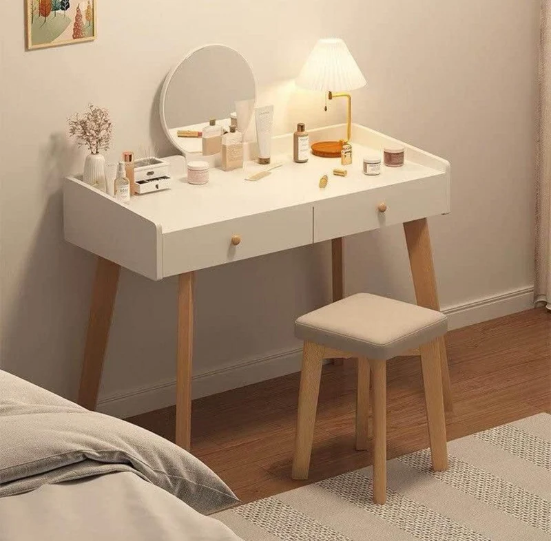 Coiffeuse MOSCO avec miroir avec 2 Tiroir - blanc et chêne