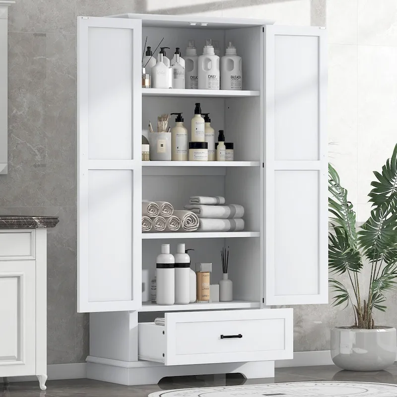 Meuble de salle de bain haut, meuble avec deux portes et un tiroir, étagère réglable, panneau MDF, blanc