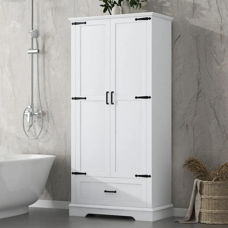 Meuble de salle de bain haut, meuble avec deux portes et un tiroir, étagère réglable, panneau MDF, blanc