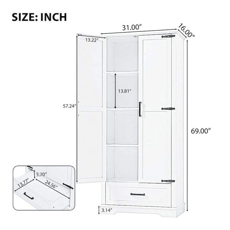Meuble de salle de bain haut, meuble avec deux portes et un tiroir, étagère réglable, panneau MDF, blanc