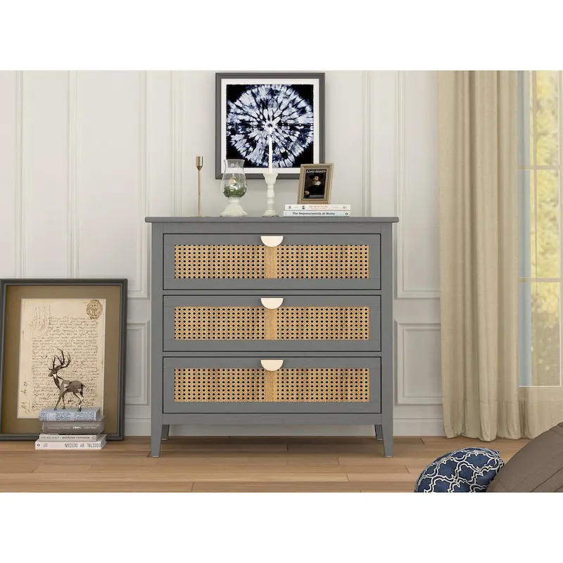 Meuble à 3 tiroirs, rotin naturel, idéal pour chambre, salon, bureau