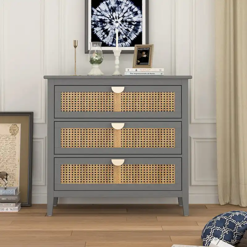 Meuble à 3 tiroirs, rotin naturel, idéal pour chambre, salon, bureau