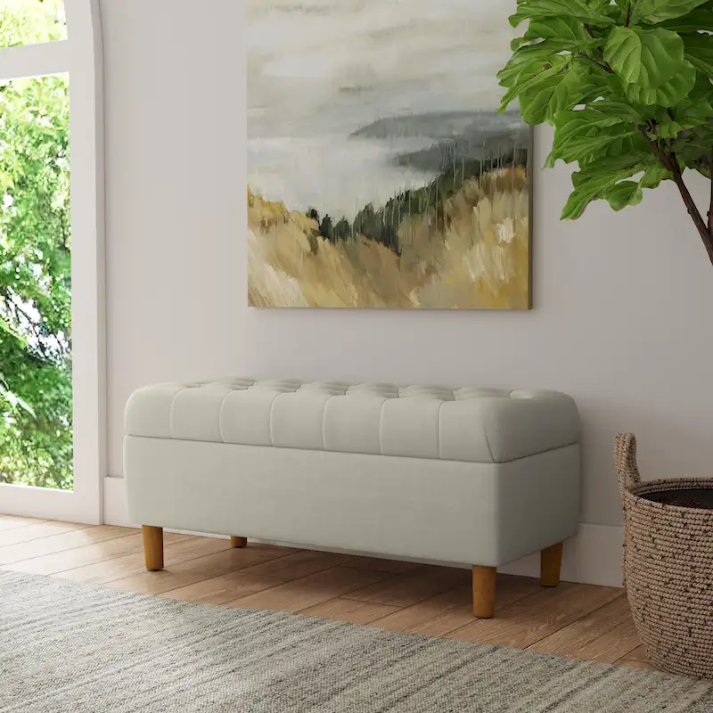 Banc de rangement capitonné avec pieds en bois
