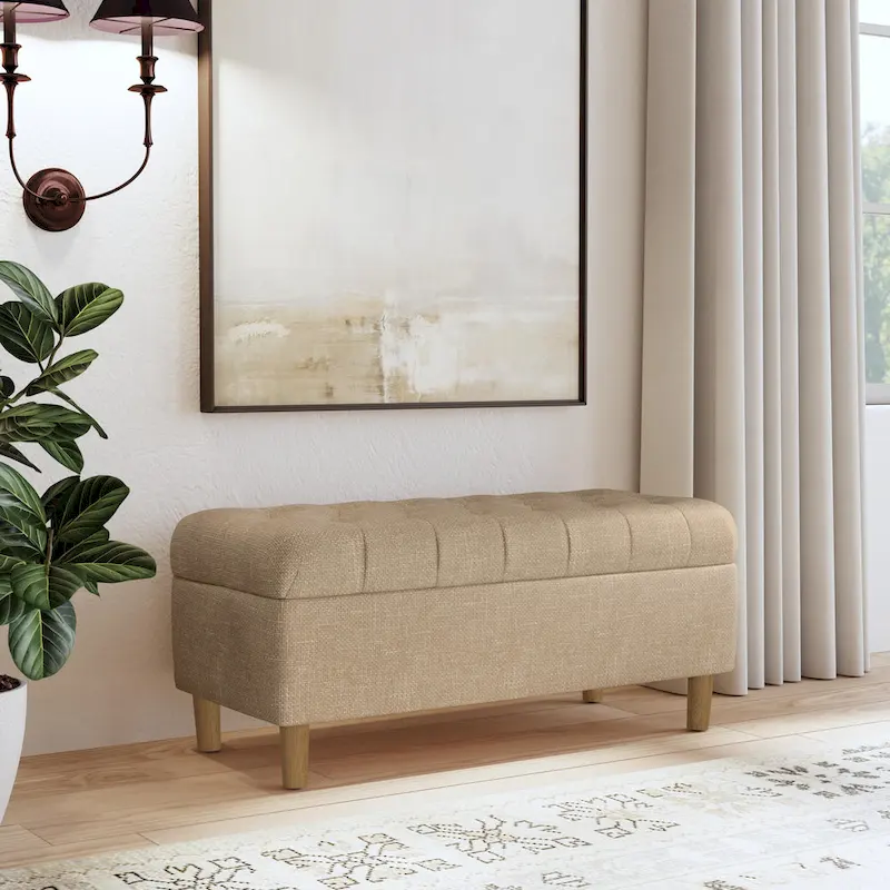 Banc de rangement capitonné avec pieds en bois