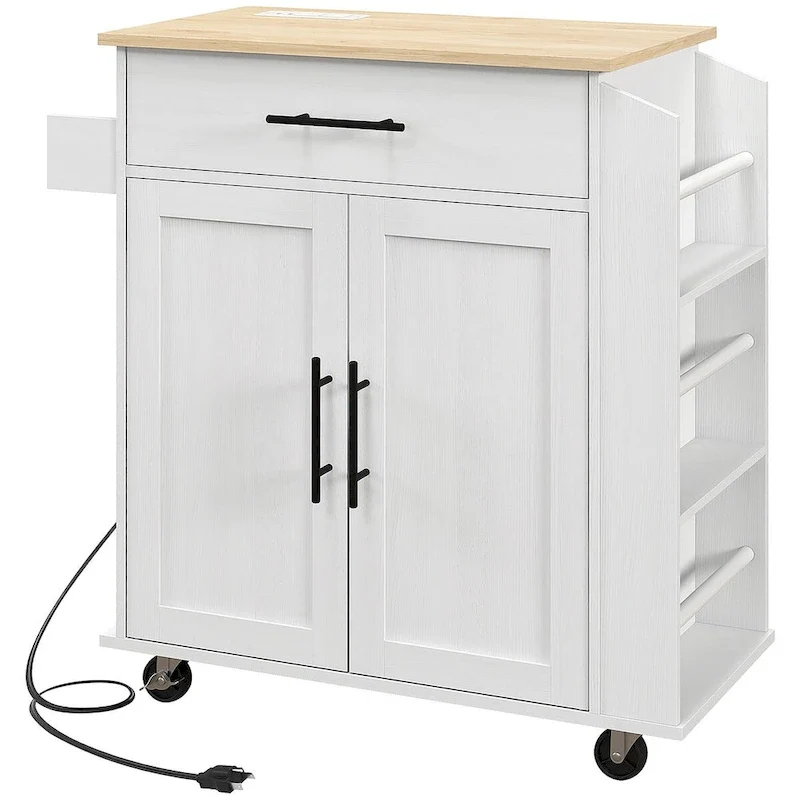 Îlot de cuisine roulant avec rangement, prises électriques et ports USB