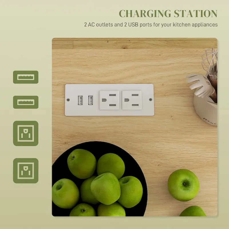 Îlot de cuisine roulant avec rangement, prises électriques et ports USB