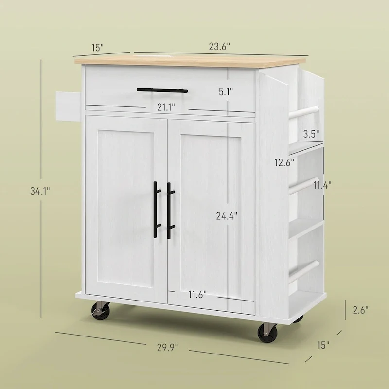 Îlot de cuisine roulant avec rangement, prises électriques et ports USB