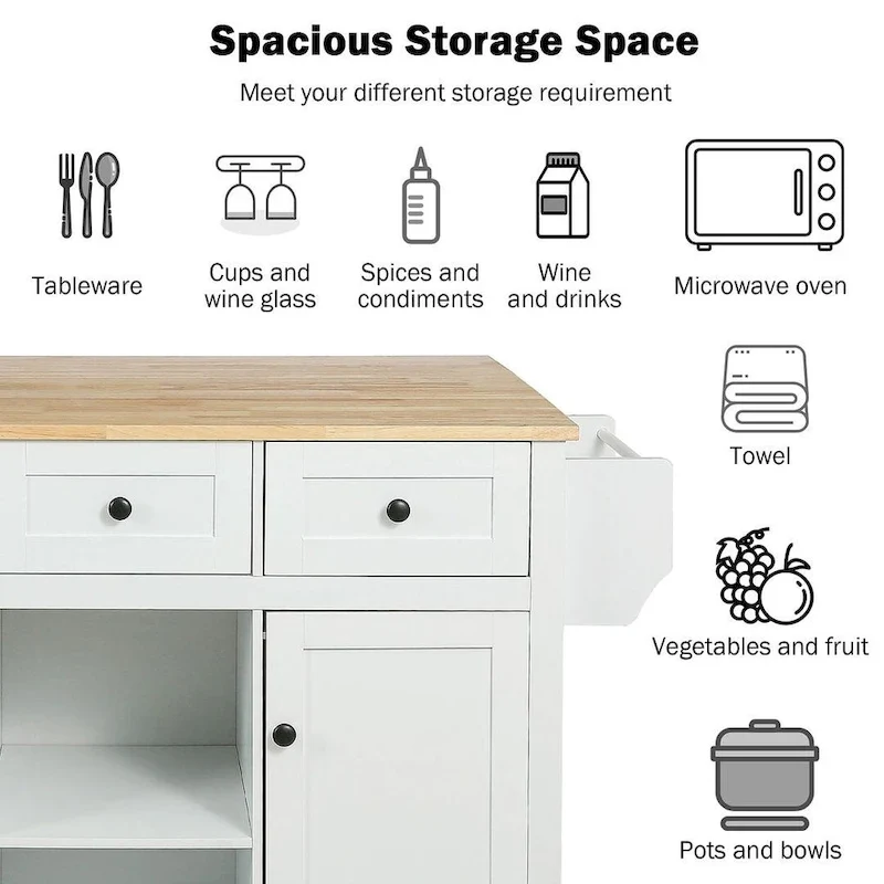 Desserte de cuisine en bois d'hévéa à rallonges, avec rangement intérieur et 3 tiroirs