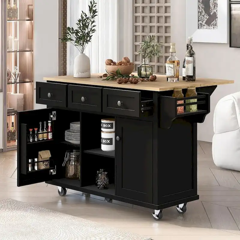 Desserte de cuisine en bois d'hévéa à rallonges, avec rangement intérieur et 3 tiroirs