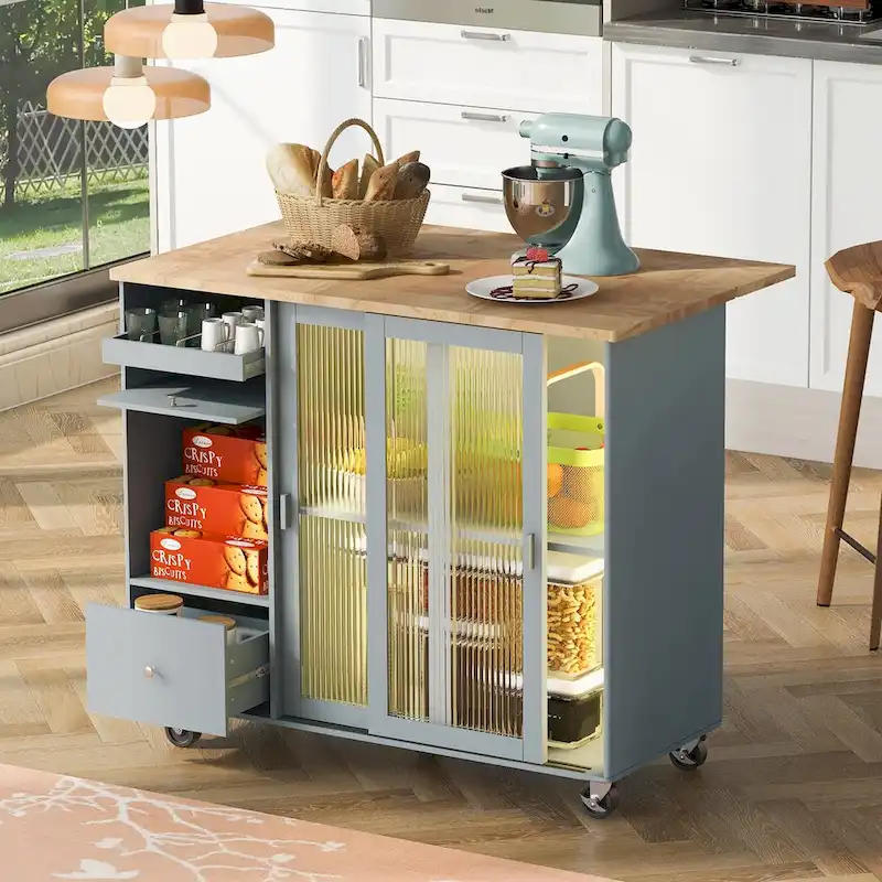 Dessin d'îlot de cuisine avec surface à abattant, éclairage LED, portes en verre cannelé, étagère réglable et deux tiroirs