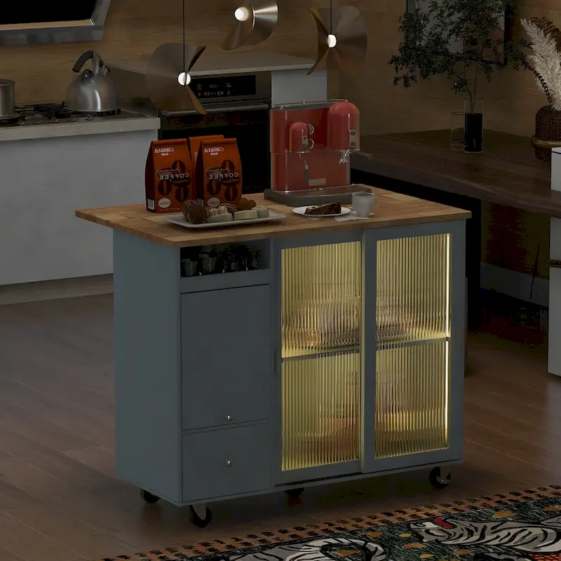 Dessin d'îlot de cuisine avec surface à abattant, éclairage LED, portes en verre cannelé, étagère réglable et deux tiroirs