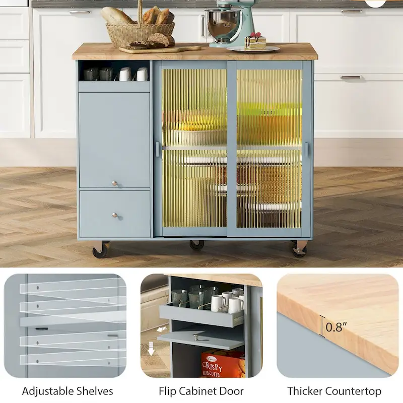 Dessin d'îlot de cuisine avec surface à abattant, éclairage LED, portes en verre cannelé, étagère réglable et deux tiroirs