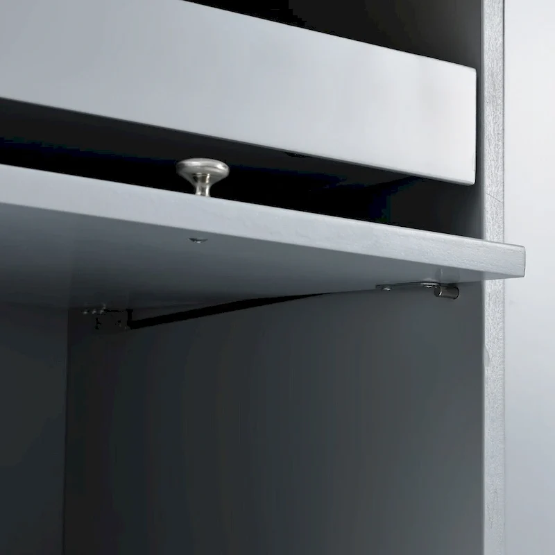Dessin d'îlot de cuisine avec surface à abattant, éclairage LED, portes en verre cannelé, étagère réglable et deux tiroirs