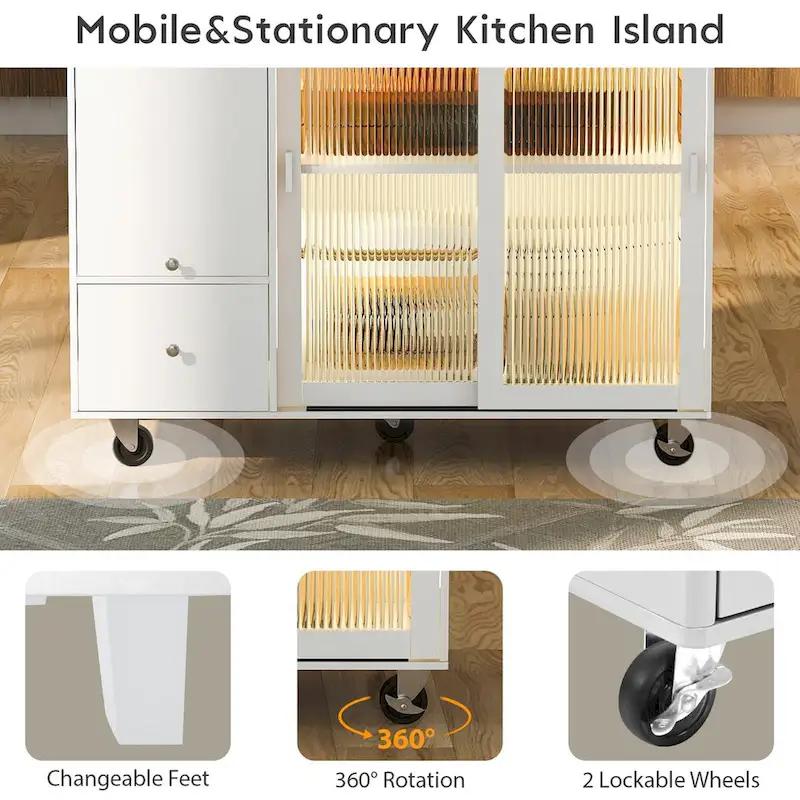 Dessin d'îlot de cuisine avec surface à abattant, éclairage LED, portes en verre cannelé, étagère réglable et deux tiroirs