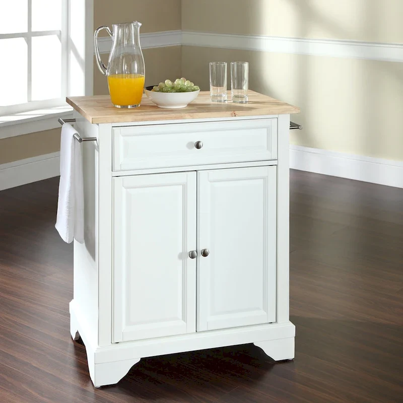 Îlot de cuisine portable avec plateau en bois naturel, finition blanche - 18p x 31l x 35h
