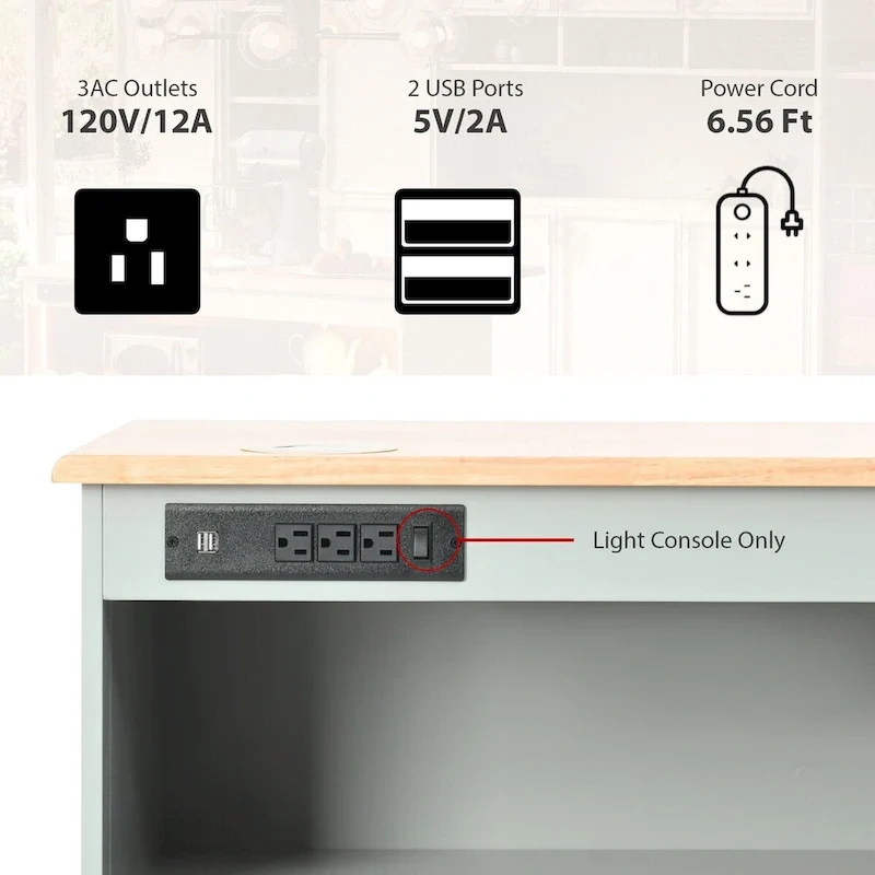 Îlot de cuisine de 112 cm de large avec dessus en caoutchouc à abattant, sur 5 roulettes, avec étagère ouverte et casier à vin