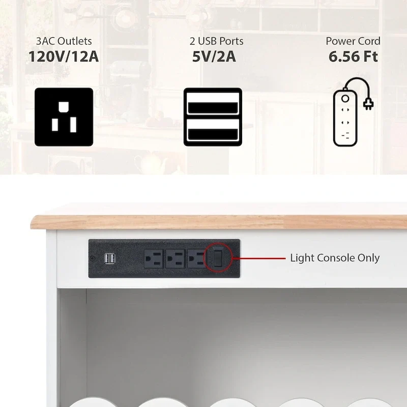 Îlot de cuisine de 112 cm de large avec dessus en caoutchouc à abattant, sur 5 roulettes, avec étagère ouverte et casier à vin