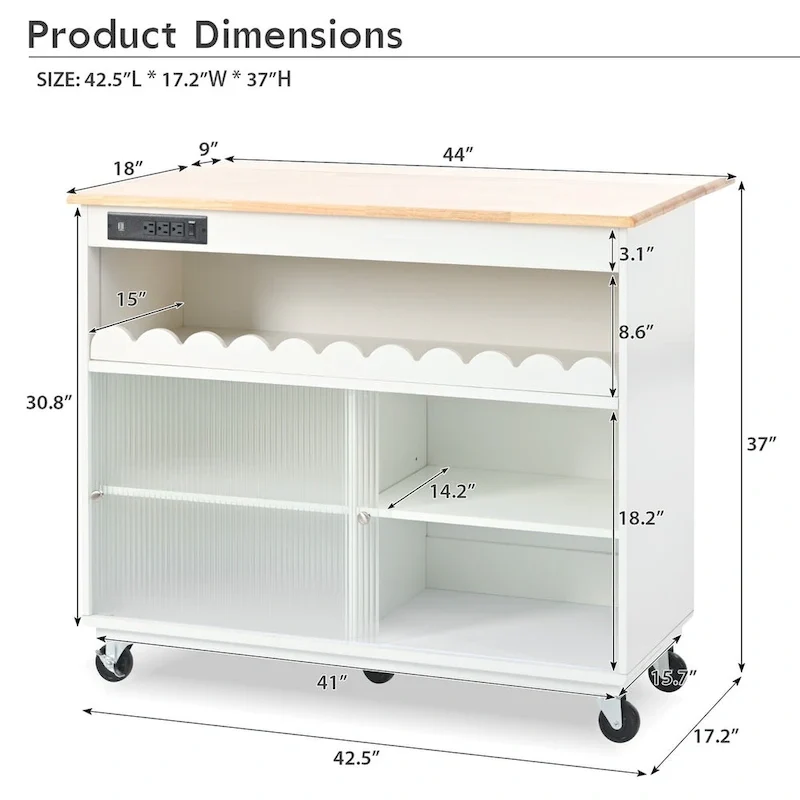Îlot de cuisine de 112 cm de large avec dessus en caoutchouc à abattant, sur 5 roulettes, avec étagère ouverte et casier à vin