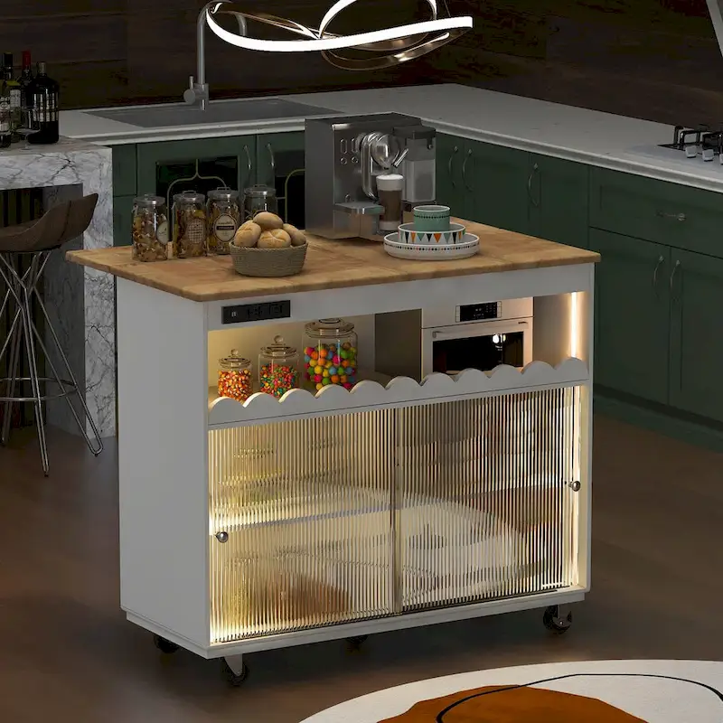 Îlot de cuisine de 112 cm de large avec dessus en caoutchouc à abattant, sur 5 roulettes, avec étagère ouverte et casier à vin