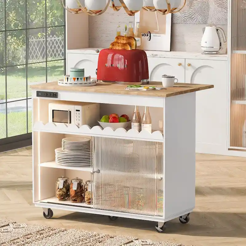 Îlot de cuisine de 112 cm de large avec dessus en caoutchouc à abattant, sur 5 roulettes, avec étagère ouverte et casier à vin