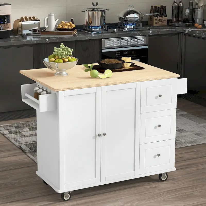 Îlot de cuisine mobile roulant avec plateau en bois massif et roulettes blocables