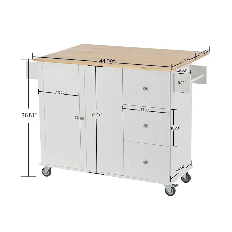Îlot de cuisine mobile roulant avec plateau en bois massif et roulettes blocables