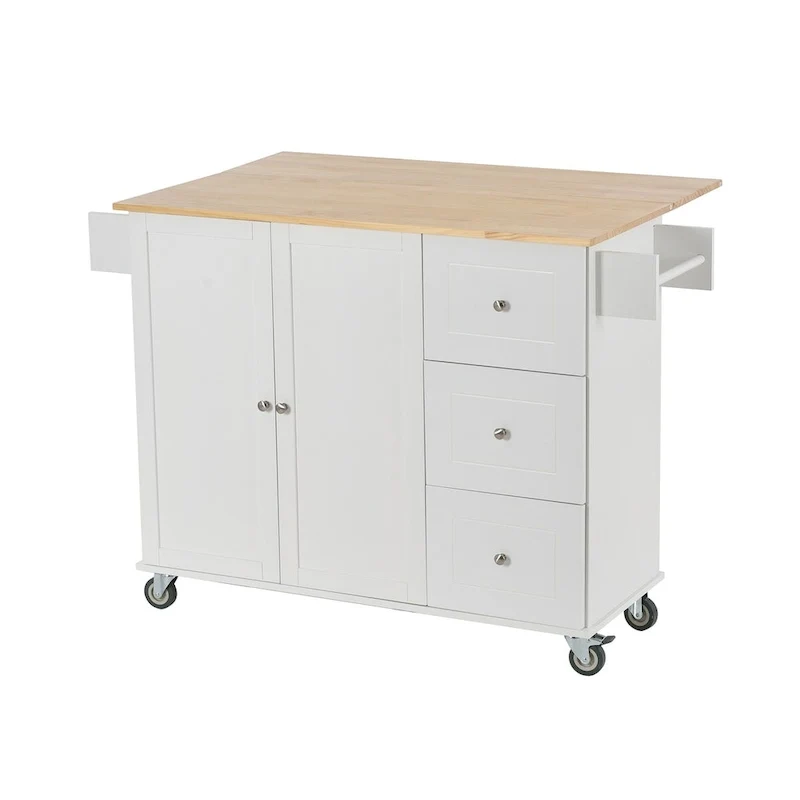 Îlot de cuisine mobile roulant avec plateau en bois massif et roulettes blocables