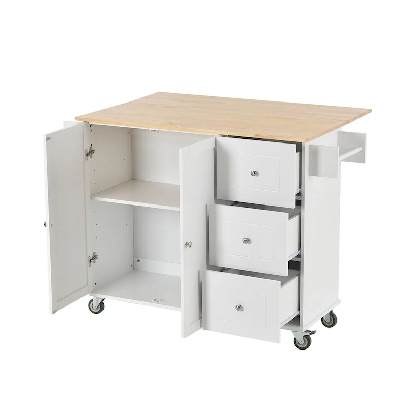 Îlot de cuisine mobile roulant avec plateau en bois massif et roulettes blocables