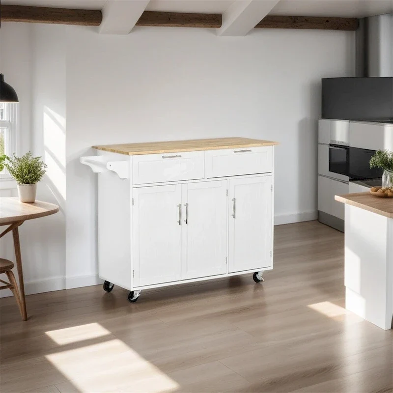 Ilot de cuisine mobile en bois avec rangements et étagères réglables