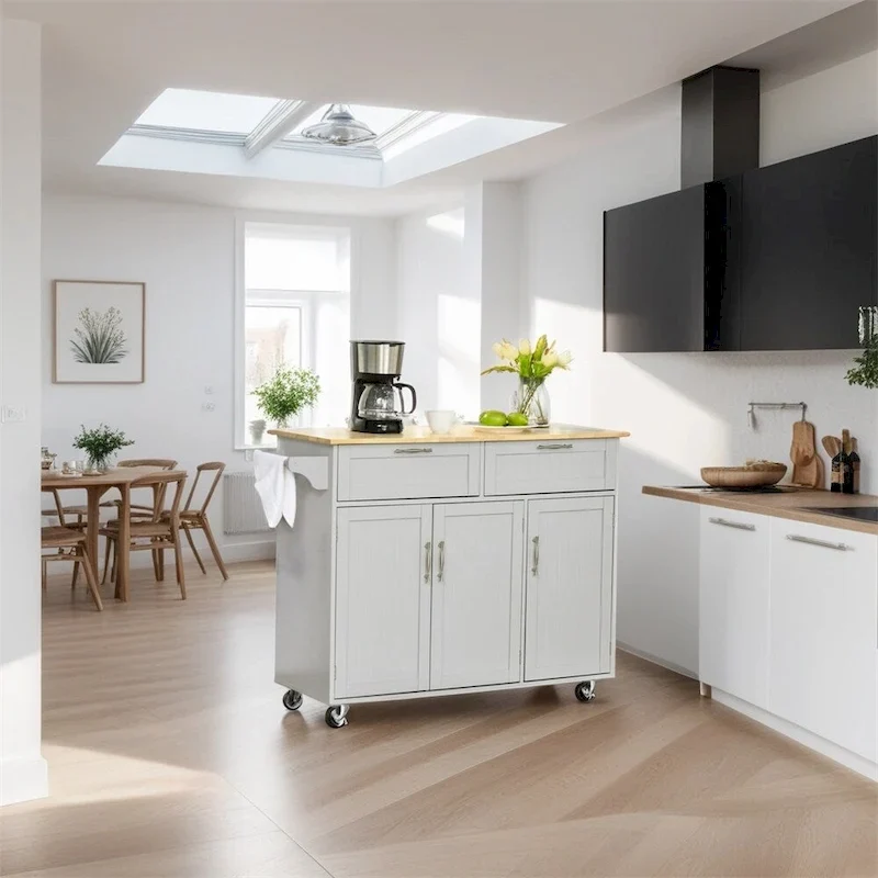 Ilot de cuisine mobile en bois avec rangements et étagères réglables