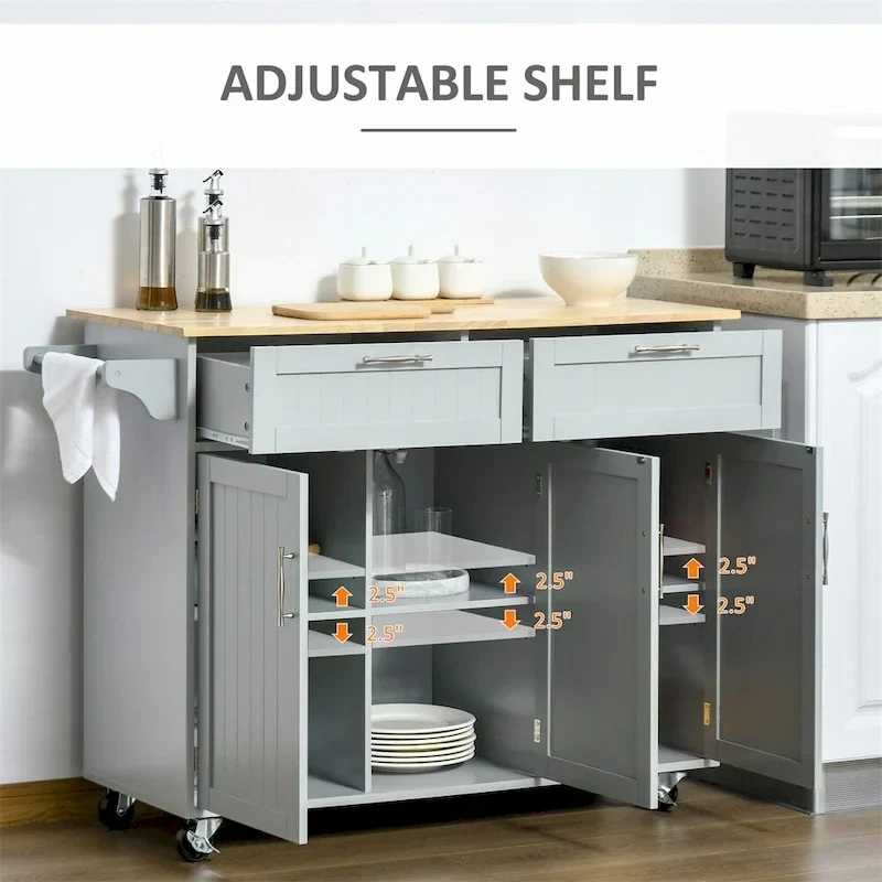 Ilot de cuisine mobile en bois avec rangements et étagères réglables