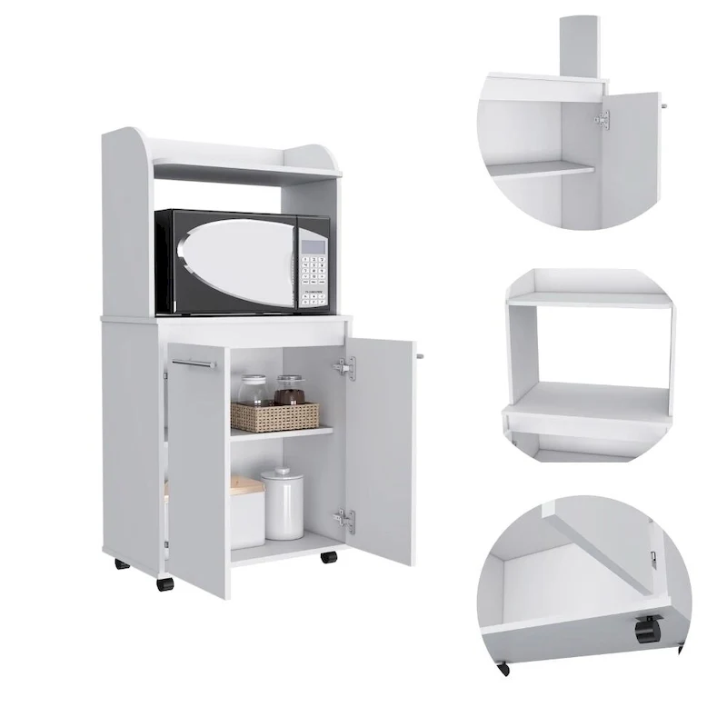 Chariot de cuisine, meuble bas double porte, une étagère ouverte, deux étagères intérieures, blanc