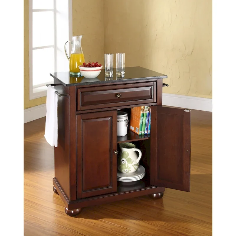 Îlot de cuisine portable avec plateau en granit noir massif, finition acajou vintage – 45,7 P x 78,7 L x 85,1 H cm