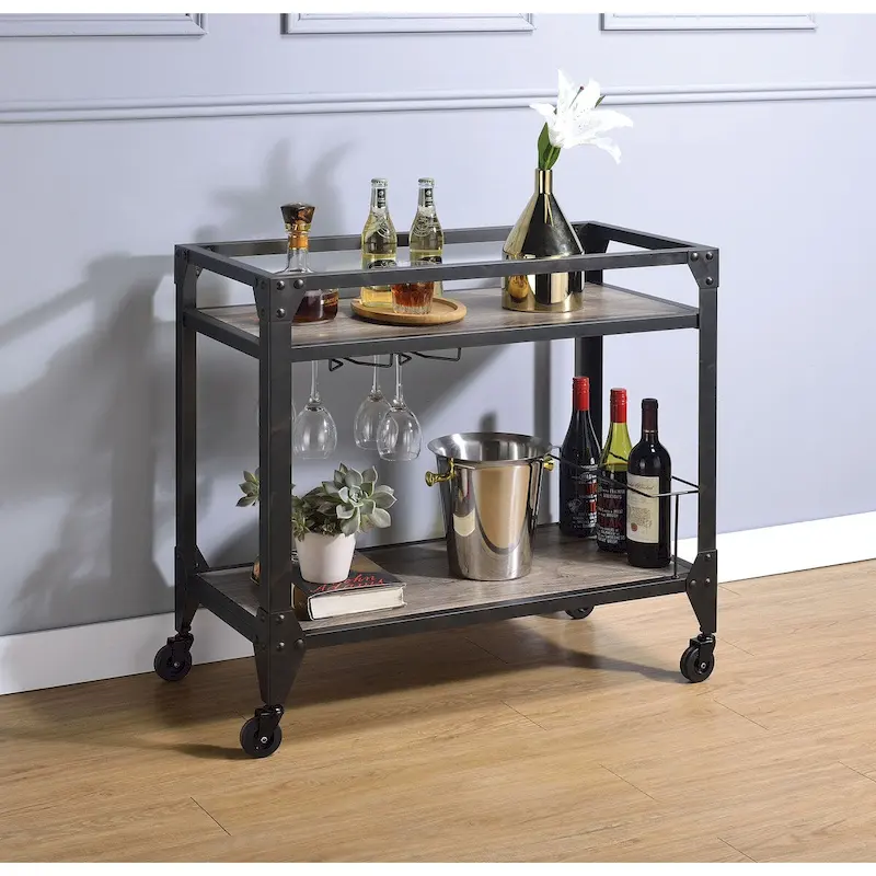 Chariot de service à 2 niveaux en métal avec étagères en bois et porte-bouteilles, noir – 30,5 H x 16 l x 31,5 L pouces