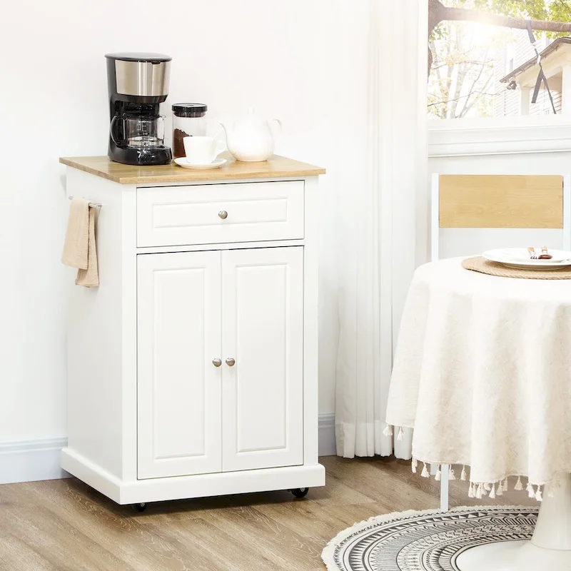 Îlot de cuisine roulant avec tiroir, 2 porte-serviettes et étagère réglable