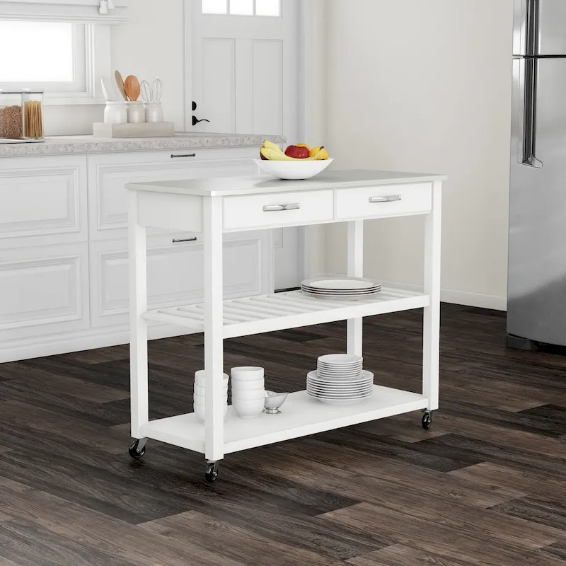 Îlot de cuisine en bois blanc/acier inoxydable – 17p x 43l x 35h